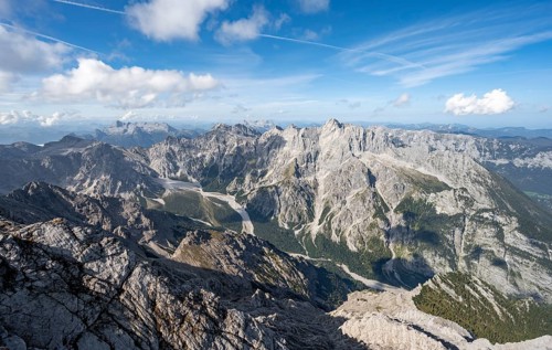 View of Wimbachgries valley and mountain panorama with rocky mountain peak of Hochkalter