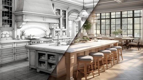 Concept design drawing to a finished renovation of a residential kitchen interior. generative AI