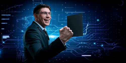 Stock broker rejoices in asset growth. The concept of brokerage and trading.
