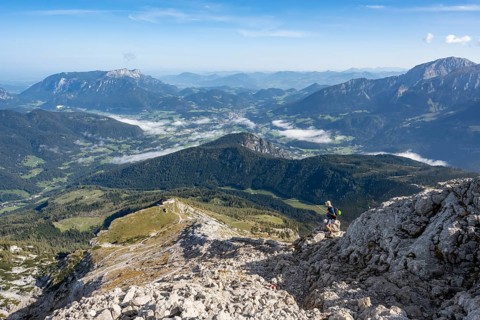 Mountaineer on steep hiking trail to Watzmann Hocheck summit