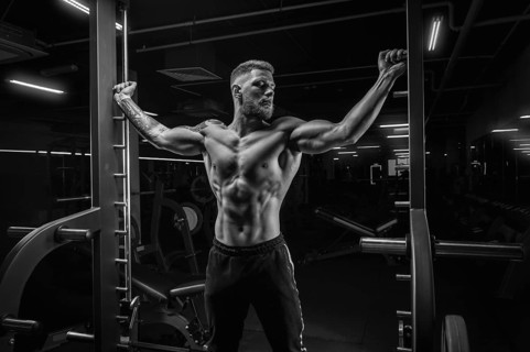 Portrait of an athlete in a special ramp in the gym. Bodybuilding and fitness concept.