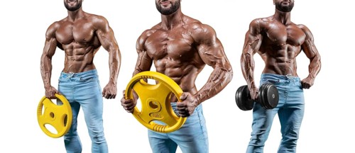 Set of three sexy muscular men. Posing on a white background with dumbbells and barbells. Bodybuilding and fitness concept.