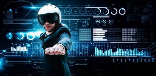 Portrait of a man in a suit and helmet. He shows that he is flying against the background of a futuristic hologram. Business concept. Internet technologies.