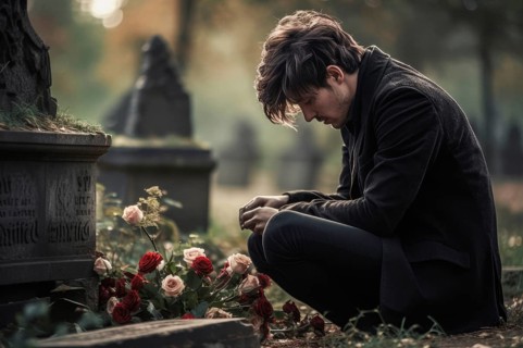 Man sitting sadly at gravestone