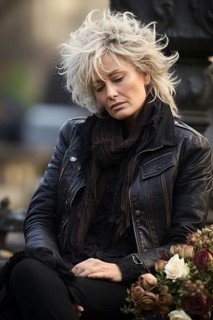 Woman sitting sadly at gravestone