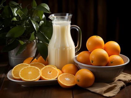 Creamy orange juice in a jug with oranges in a bowl