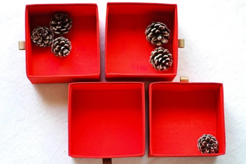 Flat lay of red boxes and pinecones arranged on a white background