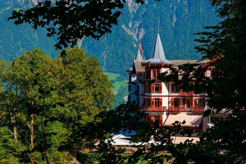 The Historical Grandhotel Giessbach on the Mountain Side in Bernese Oberland