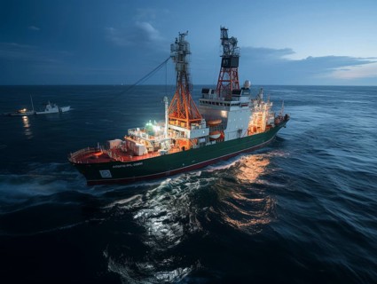 Offshore drilling ship during twilight with a dark blue ocean backdrop