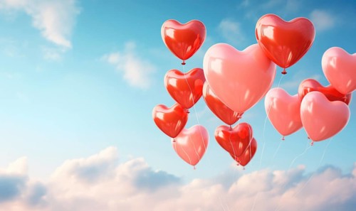 Several red heart-shaped balloons floating in the sky AI generated