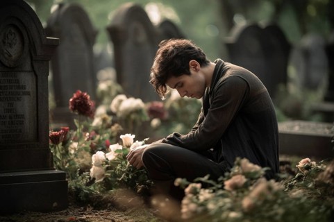 Man sitting sadly at gravestone