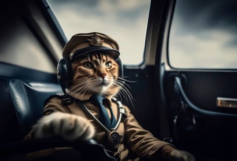 Cat pilot in an airplane pilot uniform on an airplane