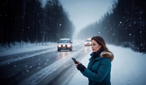 Female driver crashes her car on a slippery winter road in the snow