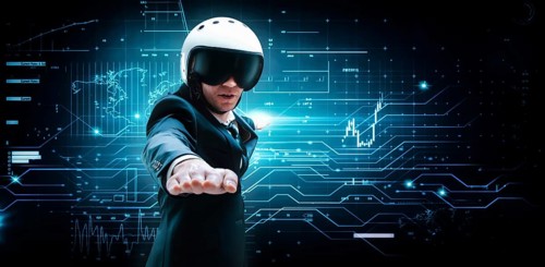 Portrait of a man in a suit and helmet. He shows that he is flying against the background of a hologram of market trading. Business concept. Stock market. Brokers and traders.