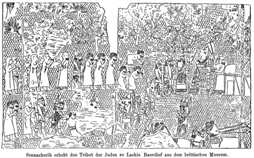 King and conqueror Sennacherib collecting tribute from the Jews of Lachis