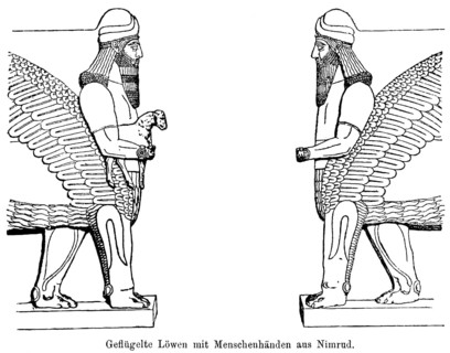 Two winged lions with human hands from Nimrud