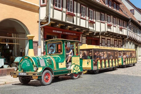 Quedlinburger Bimmelbahn in the old town centre of Quedlinburg