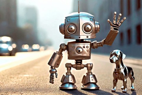 Small robot with dog standing at the roadside and waving