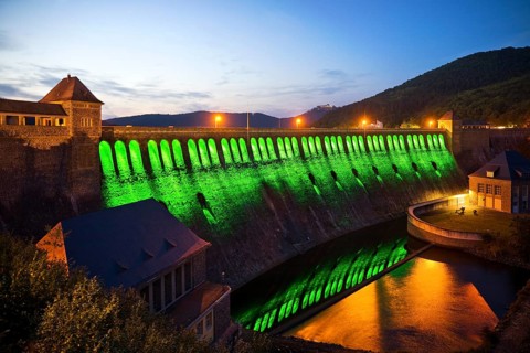 The Edersee dam wall illuminated by LED spotlights holds the German record as the longest permanently illuminated object