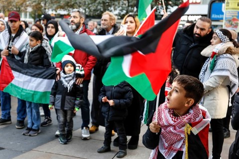 A young boy waves a Palestinian flag during the demonstration Freedom for the people of Gaza