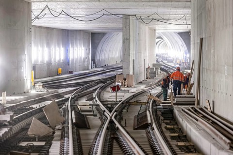 Construction site in the tunnel at the new through station in Stuttgart. A total of 56 kilometres of tunnels have been dug for Deutsche Bahn AG's Stuttgart 21 project and tunnelling has been completed...