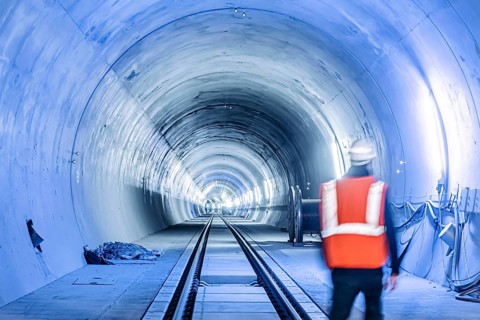 Construction site in the tunnel at the new through station in Stuttgart. A total of 56 kilometres of tunnels have been dug for Deutsche Bahn AG's Stuttgart 21 project and tunnelling has been completed...