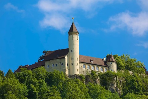 Teck Castle with hiking home of the Swabian Alb Association