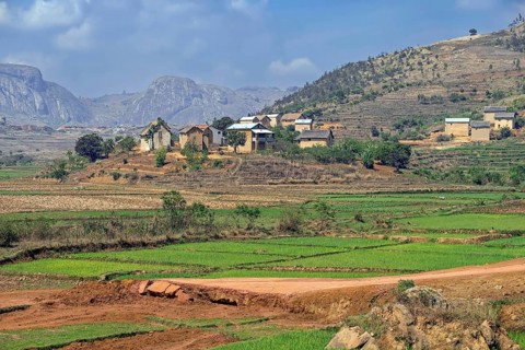 Betsileo rural village on hillside and rice fields in the Haute Matsiatra Region