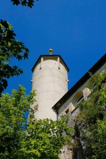 Lookout tower at the end of the 19th century at Teck Castle with the Schwaebischer Albverein hiking centre