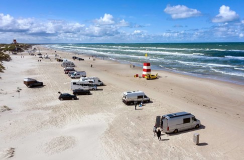 Aerial view of mobile homes on the Blokhus car beach