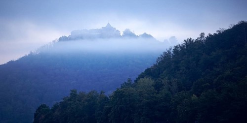 View of Waldeck Castle in the morning mist