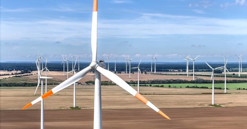 Aerial view of windmills in a wind farm