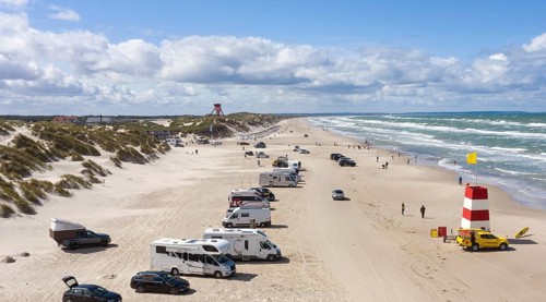 Aerial view of mobile homes on the Blokhus car beach