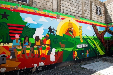 Mural depicting the creation of Trench Town and the Rastafarian religion