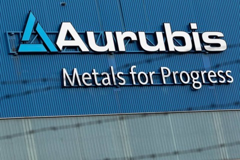 Logo and lettering Aurubis Metal for Progress on a factory building at the Aurubis AG plant
