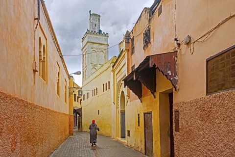 Minaret and Muslim woman wearing djellaba