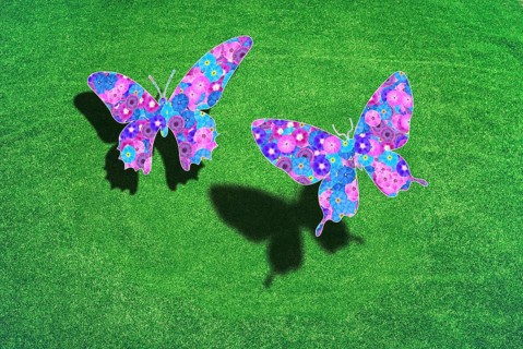 Two butterflies above a green meadow on a green background with shadows