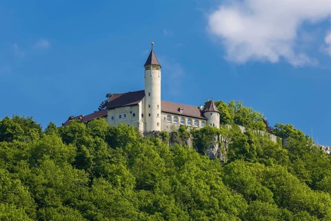 Teck Castle with hiking home of the Swabian Alb Association