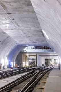 Construction site in the tunnel at the new through station in Stuttgart. A total of 56 kilometres of tunnels have been dug for Deutsche Bahn AG's Stuttgart 21 project and tunnelling has been completed...