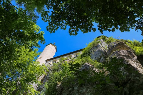 Lookout tower at the end of the 19th century at Teck Castle with the Schwaebischer Albverein hiking centre