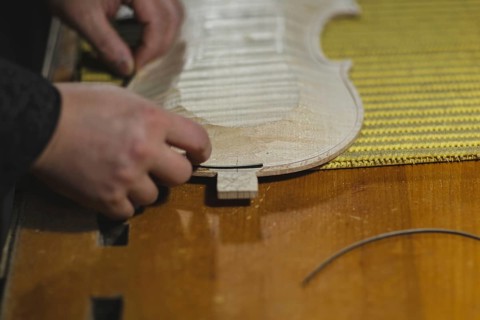 Unrecognizable luthier lute maker artisan hands in his workshop putting fillet purfling strips into carved inlaid wood channel