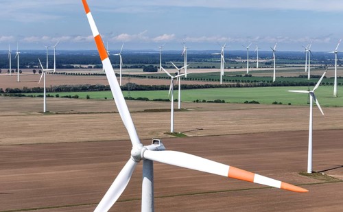 Aerial view of windmills in a wind farm