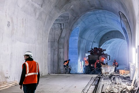 Construction site in the tunnel at the new through station in Stuttgart. A total of 56 kilometres of tunnels have been dug for Deutsche Bahn AG's Stuttgart 21 project and tunnelling has been completed...
