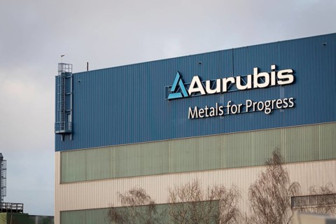 Logo and lettering Aurubis Metal for Progress on a factory building at the Aurubis AG plant