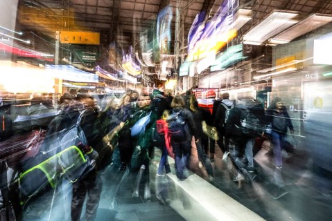 Dense crowds at Frankfurt Central Station. Around half a million people pass through the station halls every day