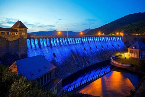 The Edersee dam wall illuminated by LED spotlights holds the German record as the longest permanently illuminated object