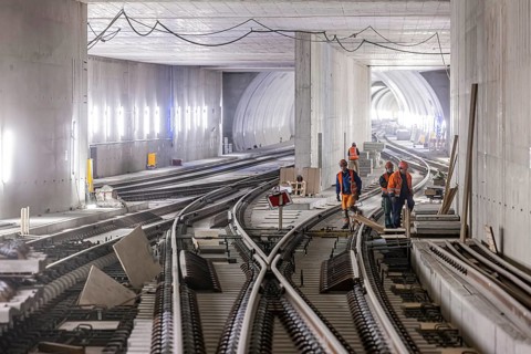 Construction site in the tunnel at the new through station in Stuttgart. A total of 56 kilometres of tunnels have been dug for Deutsche Bahn AG's Stuttgart 21 project and tunnelling has been completed...