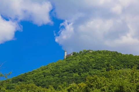 Teck Castle with hiking home of the Swabian Alb Association