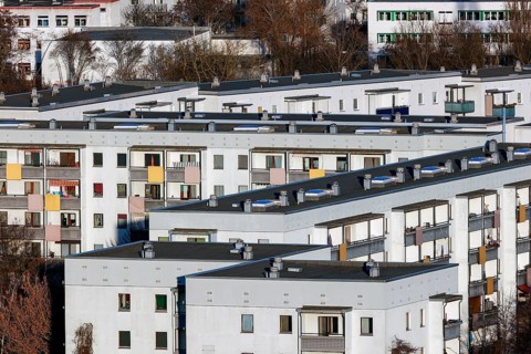 View of high-rise buildings and apartment blocks with rental flats and condominiums in the Berlin district of Marzahn-Hellersdorf