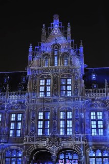 Monumental light projections on facade of Post Plaza by the French artist group Spectaculaires during the 2011 light festival of Ghent